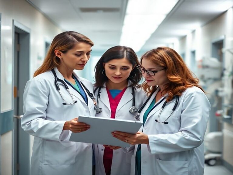 A split-image design: the left side shows a stethoscope resting on an open book with medical charts in the background, symbol
