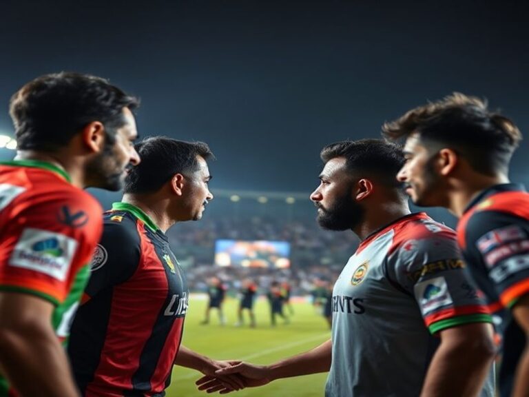A vibrant cricket stadium at night, with Lahore Qalandars and Islamabad United players shaking hands in the center, surrounde