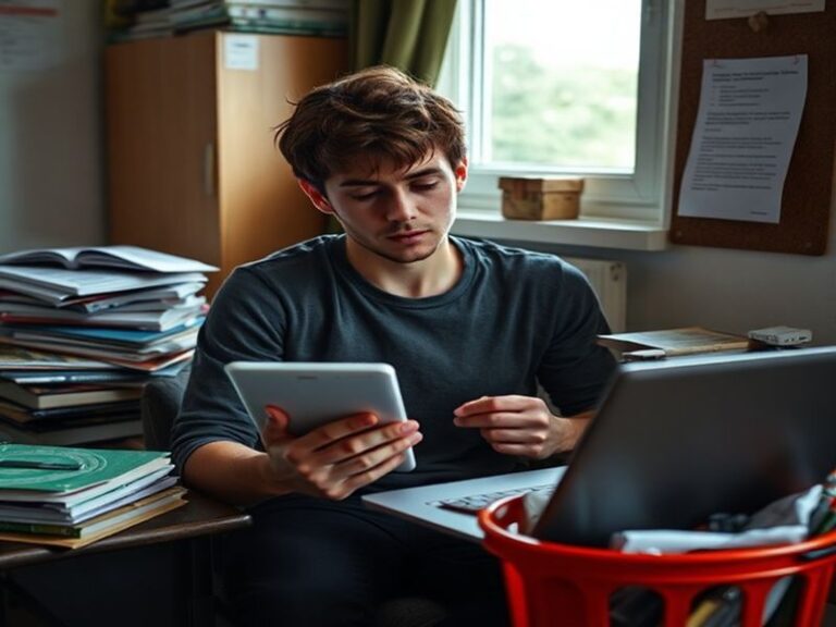A split-image showing two contrasting scenes: on the left, a Nordic student relaxed in a library with minimal debt stress; on