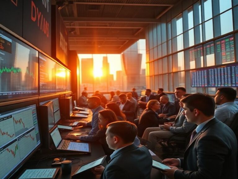 A dynamic trading floor with screens displaying futures prices and traders actively engaging in transactions, conveying a sen