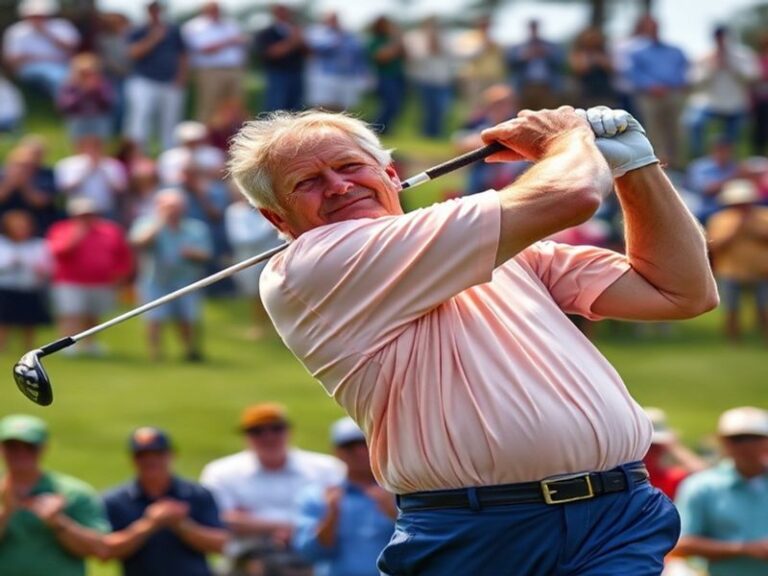 A portrait of Tom Watson on the golf course, showcasing his focused expression and classic golf attire, with a beautiful gree