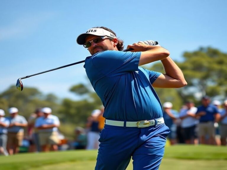 A dynamic image of Bubba Watson in action on the golf course, capturing his unique left-handed swing, with a vibrant green ba