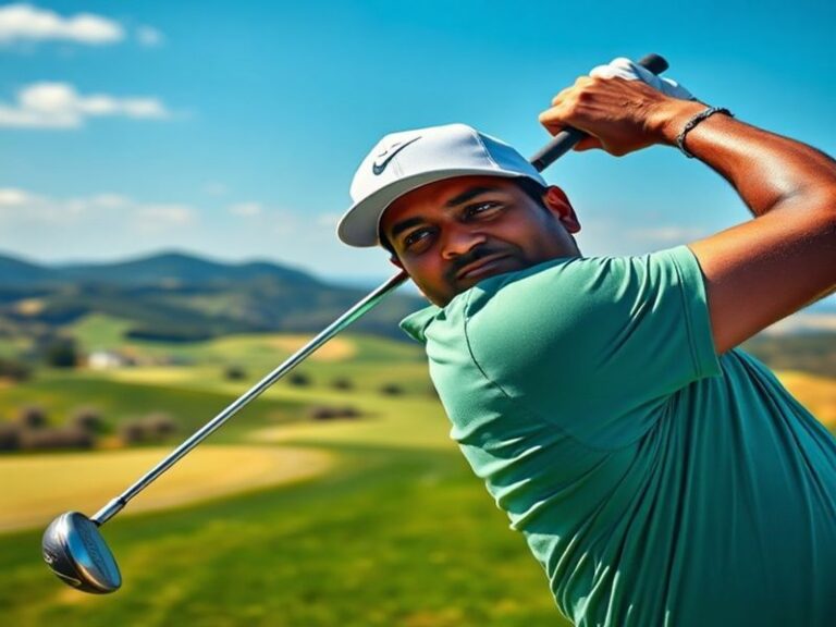 A portrait of Vijay Singh on the golf course, showcasing his determination and focus during a tournament, with a vibrant gree