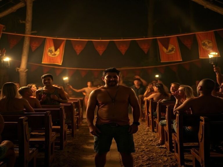 A tense tribal council scene with players gathered around a fire, mid-debate. Hannah Rose stands isolated, looking concerned