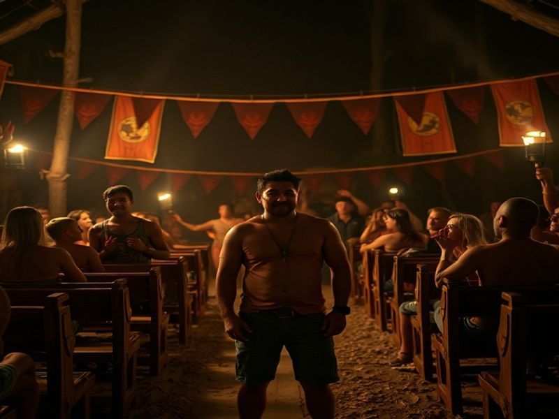 A tense tribal council scene with players gathered around a fire, mid-debate. Hannah Rose stands isolated, looking concerned