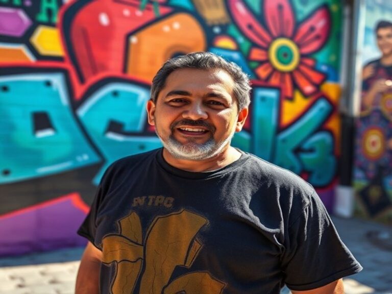 A portrait of Carlos Ortiz in a professional setting, showcasing determination and confidence, with a backdrop of a bustling