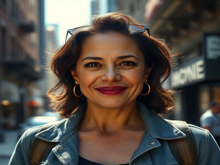 A portrait of Judy Reyes on a film set, showcasing her expression of determination and passion, with soft lighting that highl