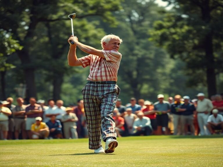 A vibrant image of Arnold Palmer on the golf course, showcasing his iconic swing, with fans cheering in the background, captu