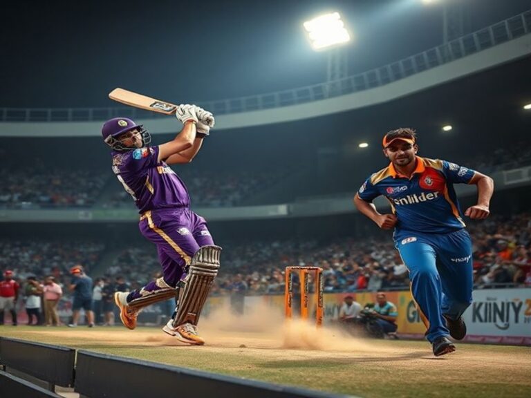 A vibrant cricket stadium filled with enthusiastic fans, showcasing KKR and LSG players in action during an intense IPL match