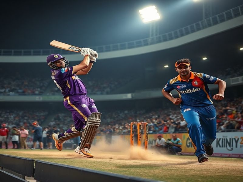A vibrant cricket stadium filled with enthusiastic fans, showcasing KKR and LSG players in action during an intense IPL match