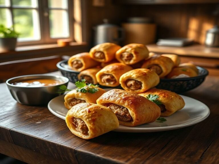 A beautifully arranged platter of golden-brown chicken sausage rolls, garnished with fresh herbs and served with dipping sauc