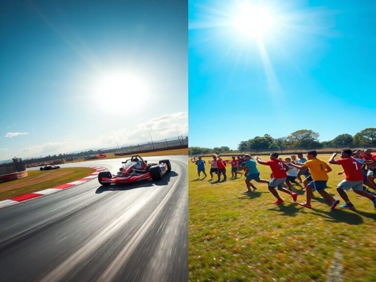 An engaging image depicting a Kar competition with teams in colorful uniforms, showcasing teamwork, contrasted with a Pes tou