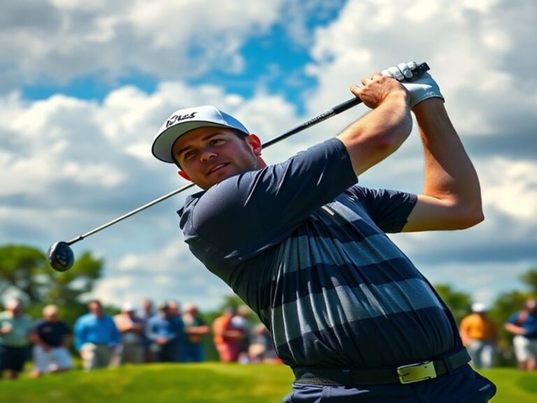 A professional golfer in action, swinging a club on a lush green golf course, with a focused expression and spectators in the