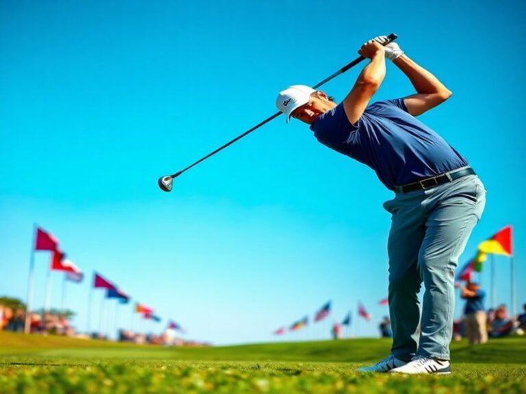 A dynamic image of Sam Burns in action on the golf course, showcasing his powerful swing and focus during a tournament.