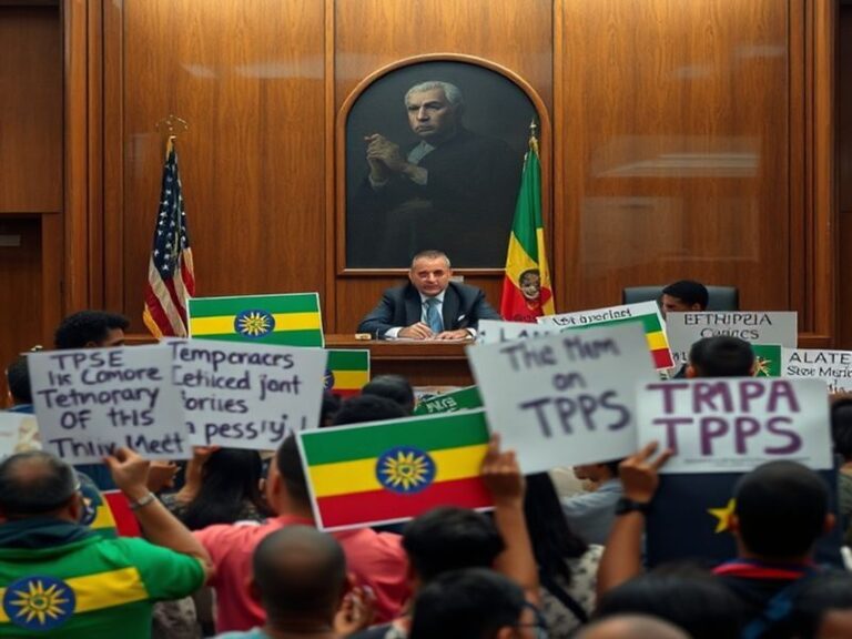 A courtroom scene depicting a judge at the bench with a gavel, symbolizing legal decisions affecting immigration status.