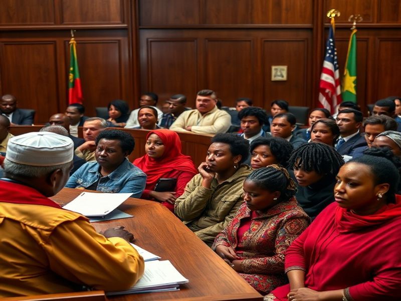 A somber image depicting Ethiopian immigrants in the U.S., highlighting their struggles and the uncertainty they face due to