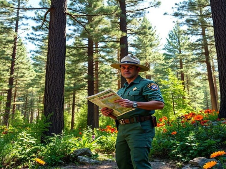 An image of a lush national forest with towering trees and a clear blue sky, showcasing the beauty and diversity of nature ma