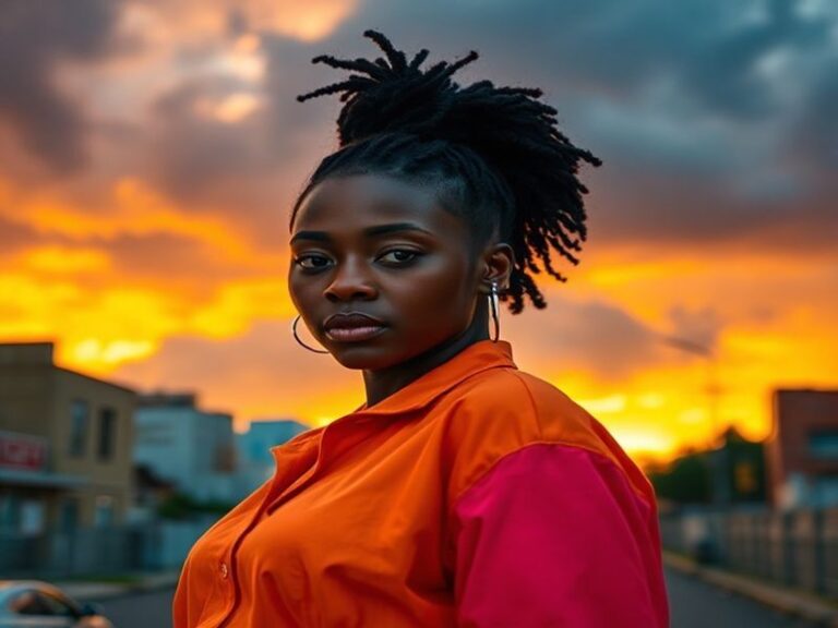 A portrait of Storm Reid, showcasing her confident expression, with a backdrop of a film set that captures the essence of her