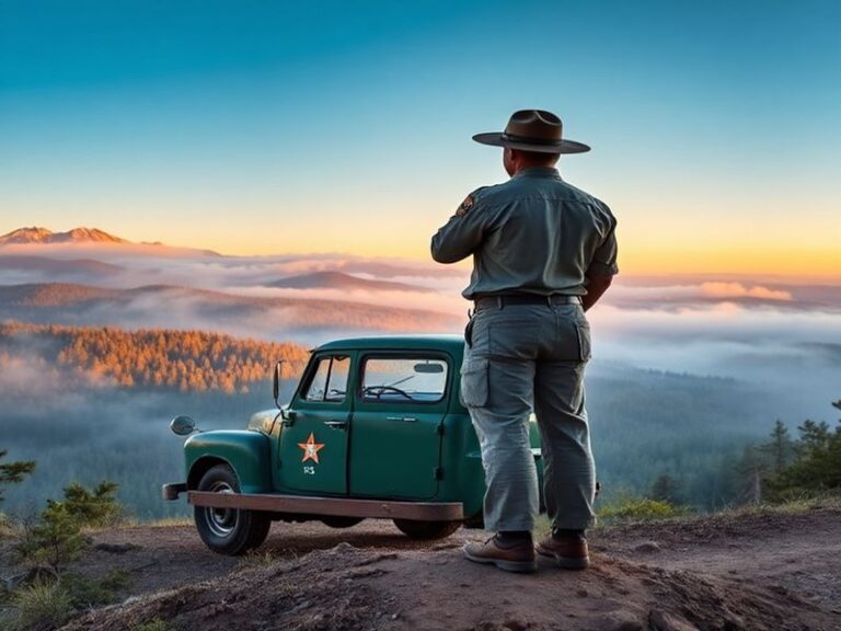 A wide-angle shot of a pristine national forest at dawn, with mist rising over evergreen trees, a winding trail in the foregr