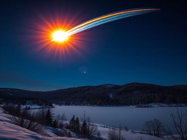 A vibrant night sky over a northeastern cityscape, with a bright greenish-blue fireball meteor streaking diagonally across th