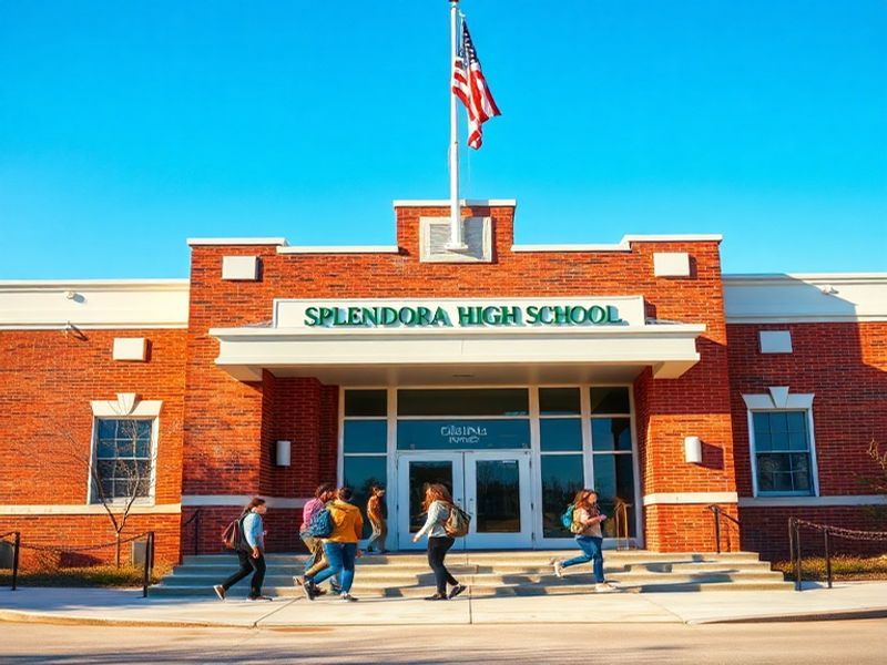 A vibrant image of Splendora High School's campus at dusk, featuring the main brick building with students walking to practic
