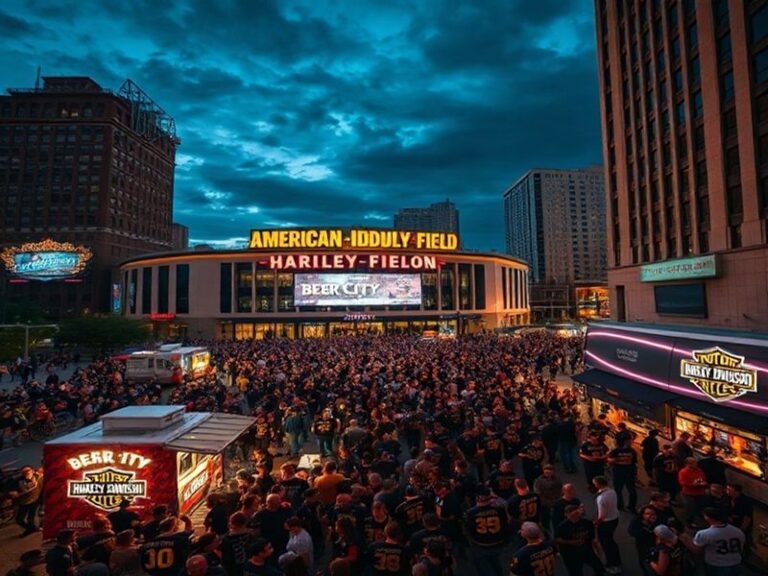 A vibrant scene at American Family Field with fans wearing Brewers City Connect uniforms, a retro-style Brewers cap, and a ba