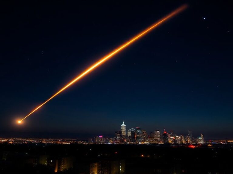 A vivid night sky over a northeastern cityscape, with a brilliant fireball meteor streaking across the horizon, leaving a glo
