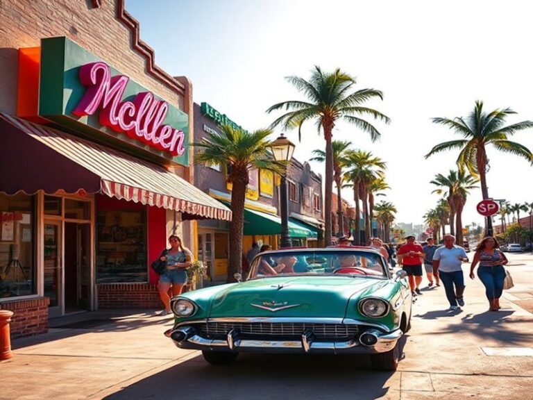 A vibrant street scene in McAllen TX at dusk, featuring colorful buildings, a busy mercado with food stalls, and pedestrians