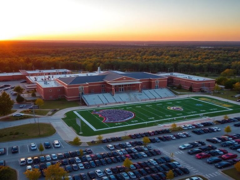 A vibrant exterior shot of Splendora High School’s modern campus at golden hour, featuring the main building with its Mustang