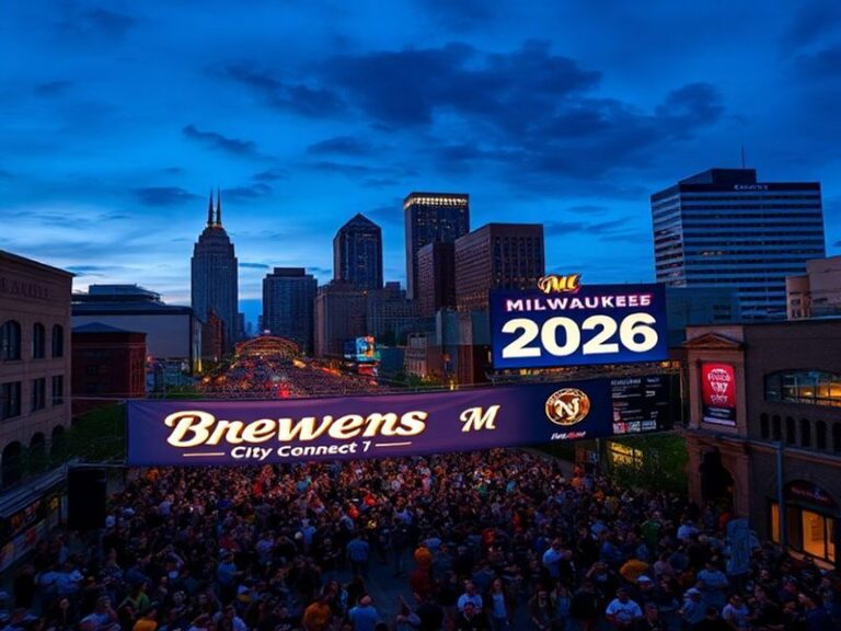 A vibrant, futuristic rendering of the Brewers City Connect 2026 project, showing the expanded American Family Field surround