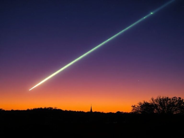 A wide-angle night sky photograph showing a brilliant greenish-blue fireball meteor streaking across a star-filled sky over a