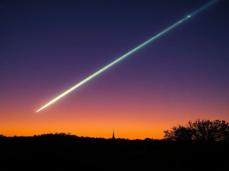 A wide-angle night sky photograph showing a brilliant greenish-blue fireball meteor streaking across a star-filled sky over a