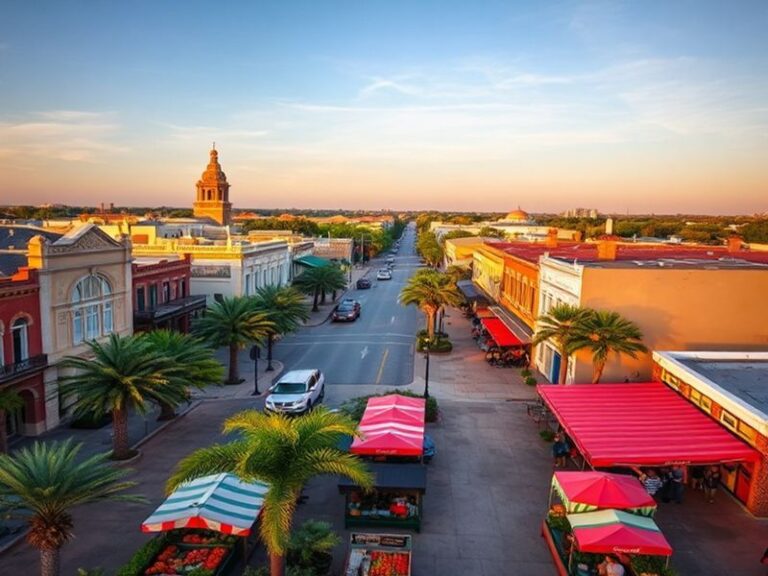 A vibrant street scene in McAllen, Texas, featuring colorful buildings, Spanish colonial architecture, and people walking und