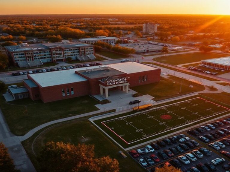 A vibrant exterior shot of Splendora High School on a clear day, showing the main brick building, American flag, and football