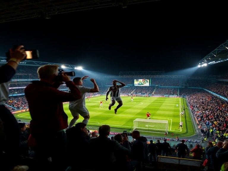 A vibrant stadium atmosphere with Rayo Vallecano's red-and-white striped jerseys facing AEK Athens' yellow-and-black kits, se