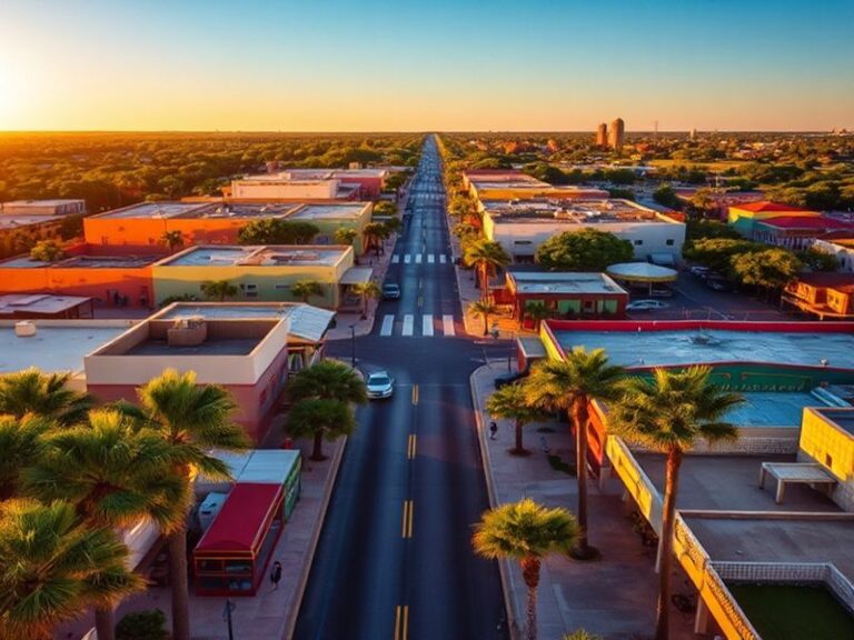 A vibrant street scene in McAllen TX, showing a mix of historic and modern architecture, colorful storefronts, and a blend of
