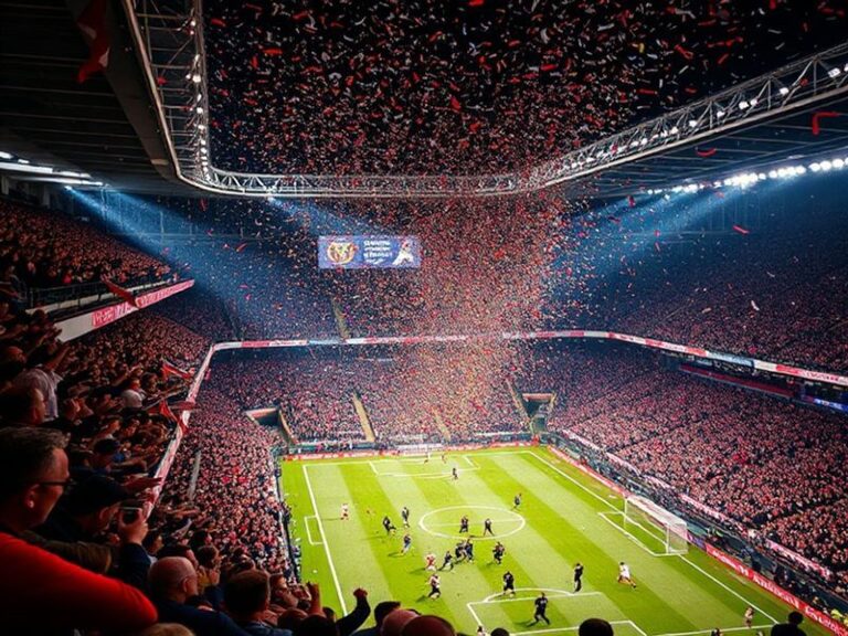 A vibrant stadium shot of Wembley during an FA Cup semi-final, with fans in team colors, players warming up on the pitch, and