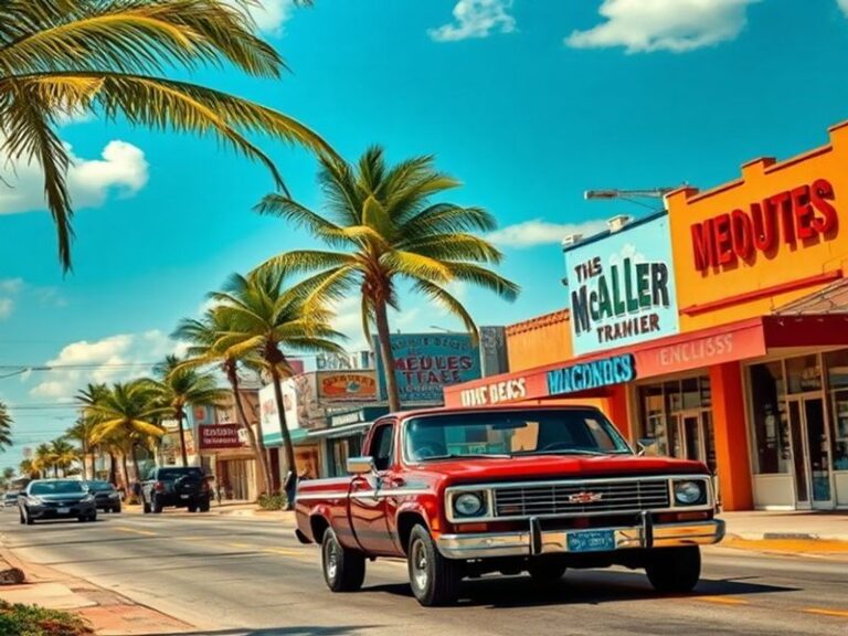 A vibrant street scene in McAllen, TX, featuring colorful buildings, local shops, and a mix of traditional and modern archite