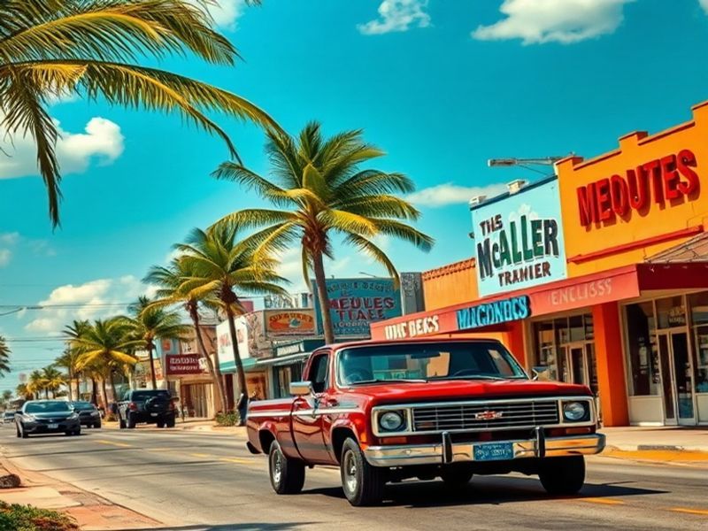 A vibrant street scene in McAllen, TX, featuring colorful buildings, local shops, and a mix of traditional and modern archite
