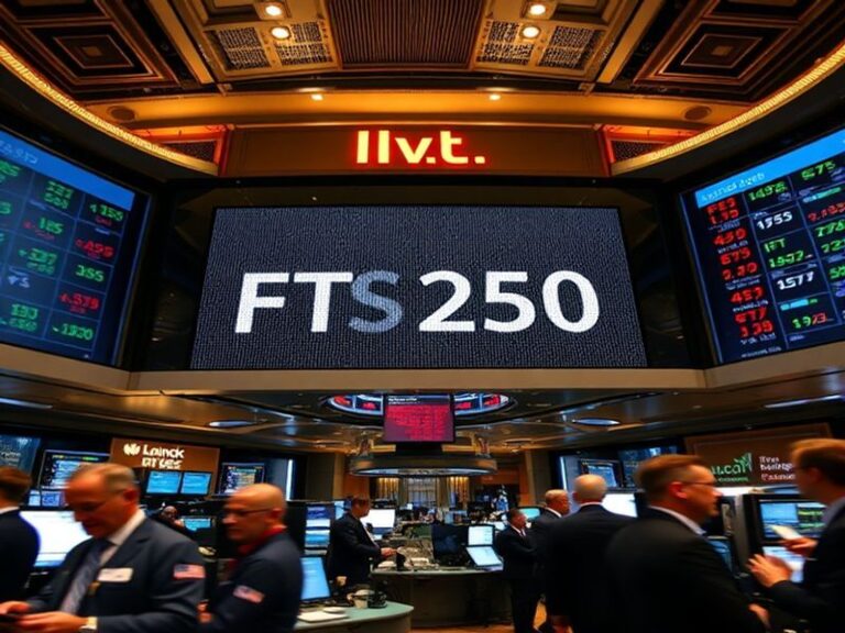 A professional stock market trading screen displaying the FTSE 250 index with real-time data, charts, and financial news tick