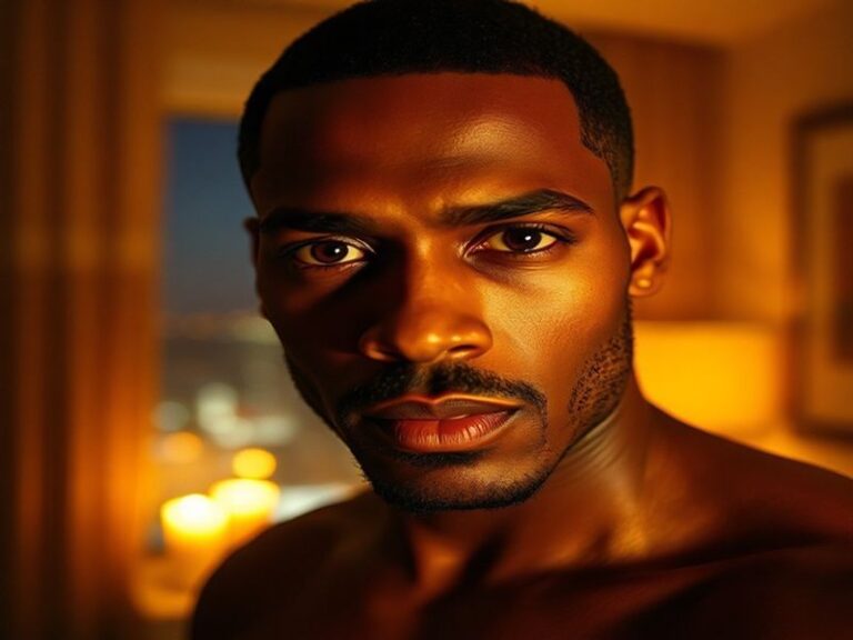 A professional portrait of Shemar Moore in a dark suit, standing in a modern urban setting with soft evening lighting. He has