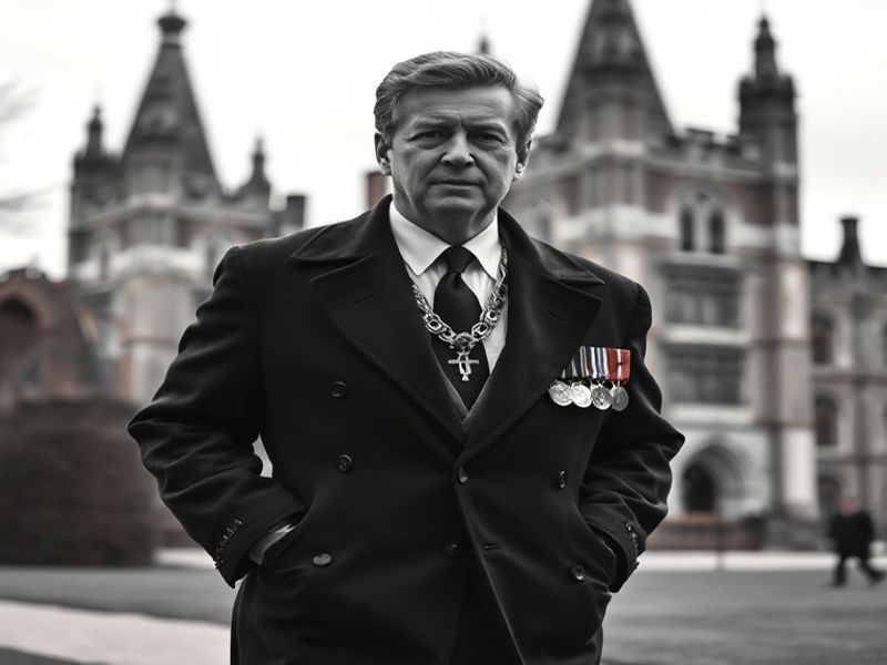 A formal portrait of Andrew Mountbatten-Windsor, Duke of York, in naval uniform during his military service, set against a ba
