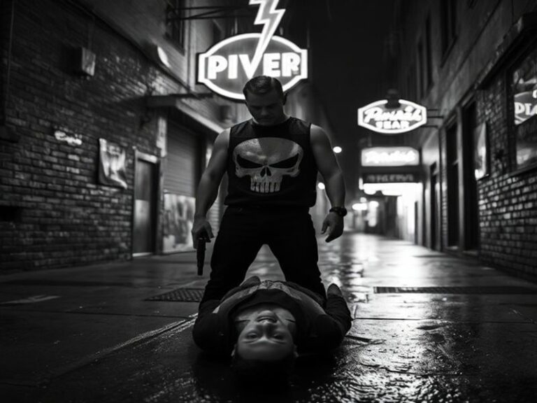 A moody, high-contrast comic book panel showing The Punisher in a dimly lit alley, his face half-hidden in shadow, with a sin