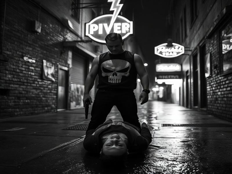 A moody, high-contrast comic book panel showing The Punisher in a dimly lit alley, his face half-hidden in shadow, with a sin