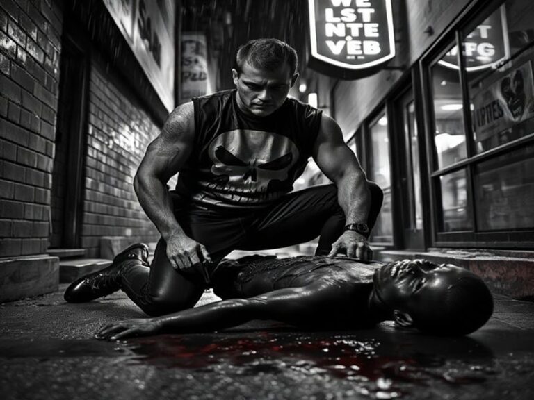 A moody, dark-toned comic book cover featuring The Punisher mid-action, surrounded by fallen enemies, with a gritty urban bac