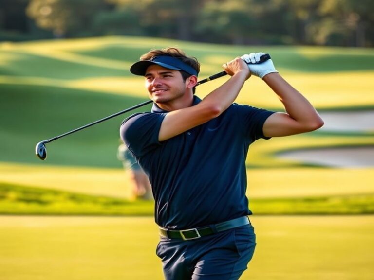 A focused action shot of Aaron Rai mid-swing on a lush green golf course, with a clear blue sky in the background and spectat