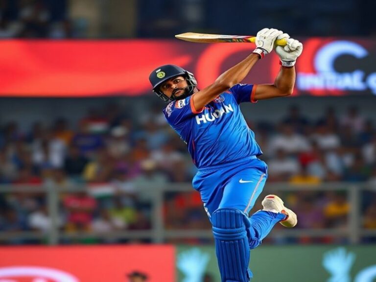 A dynamic action shot of Ayush Badoni playing a cover drive during an IPL match, wearing the Lucknow Super Giants jersey, wit