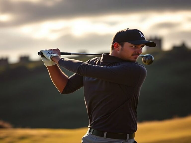 A dynamic action shot of Aaron Rai mid-swing on a lush golf course, with a focused expression and a golf club in motion. The