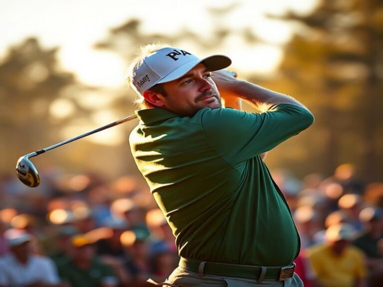 A focused Scottie Scheffler mid-swing at Augusta National during the 2024 Masters, surrounded by lush green fairways and azal