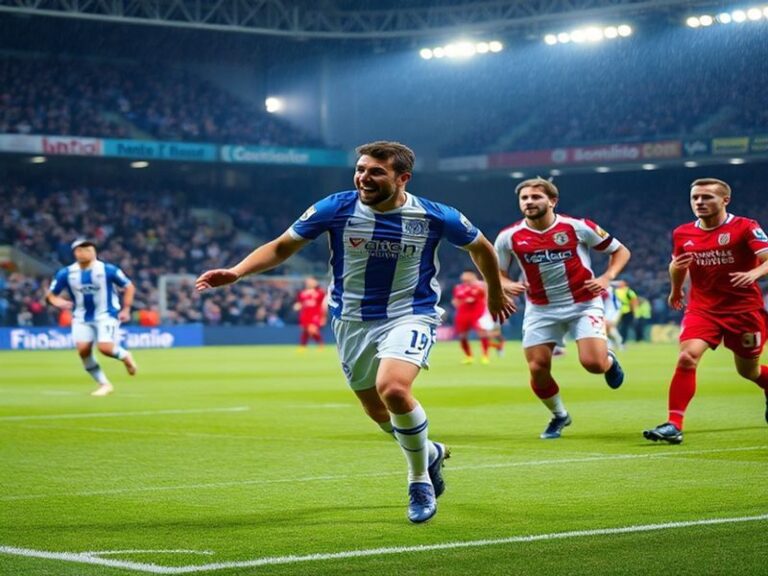 A dynamic football match scene at night, featuring Porto in blue and Nottingham Forest in red, with players in mid-action, a